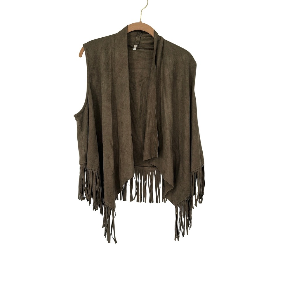 Mittoshop Olive Green Faux Suede Fringe Vest Bohemian Sleeveless Duster L